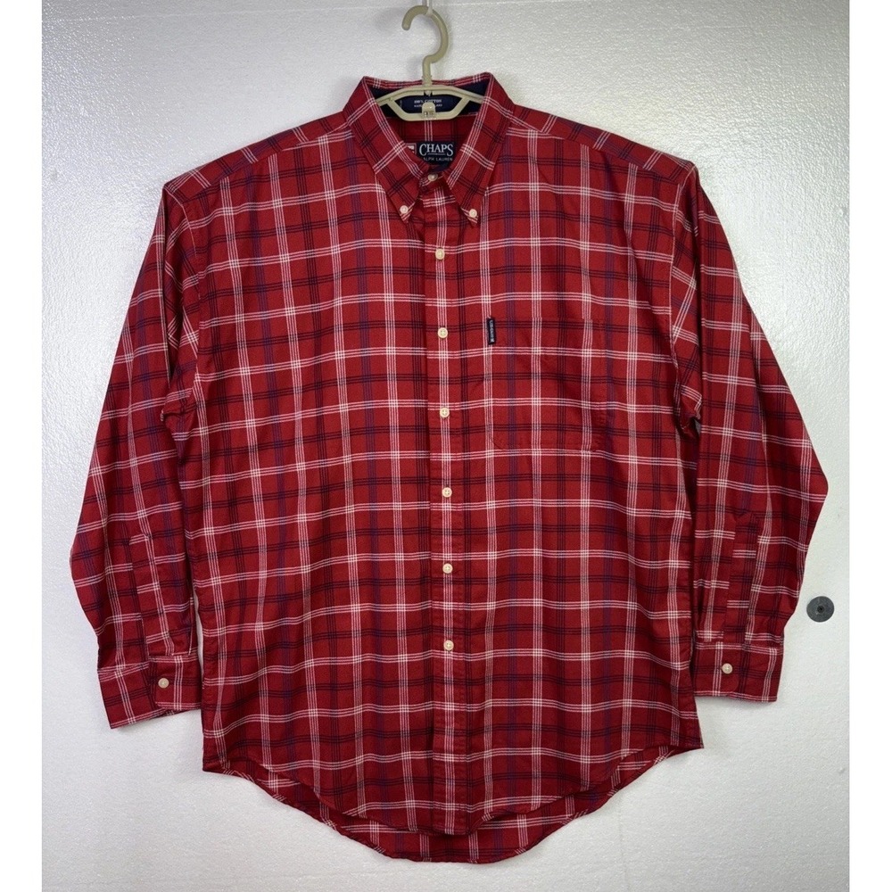 Ralph Lauren Chaps Mens Shirt L Red Plaid Button Down Pocket Long sleeve Casual